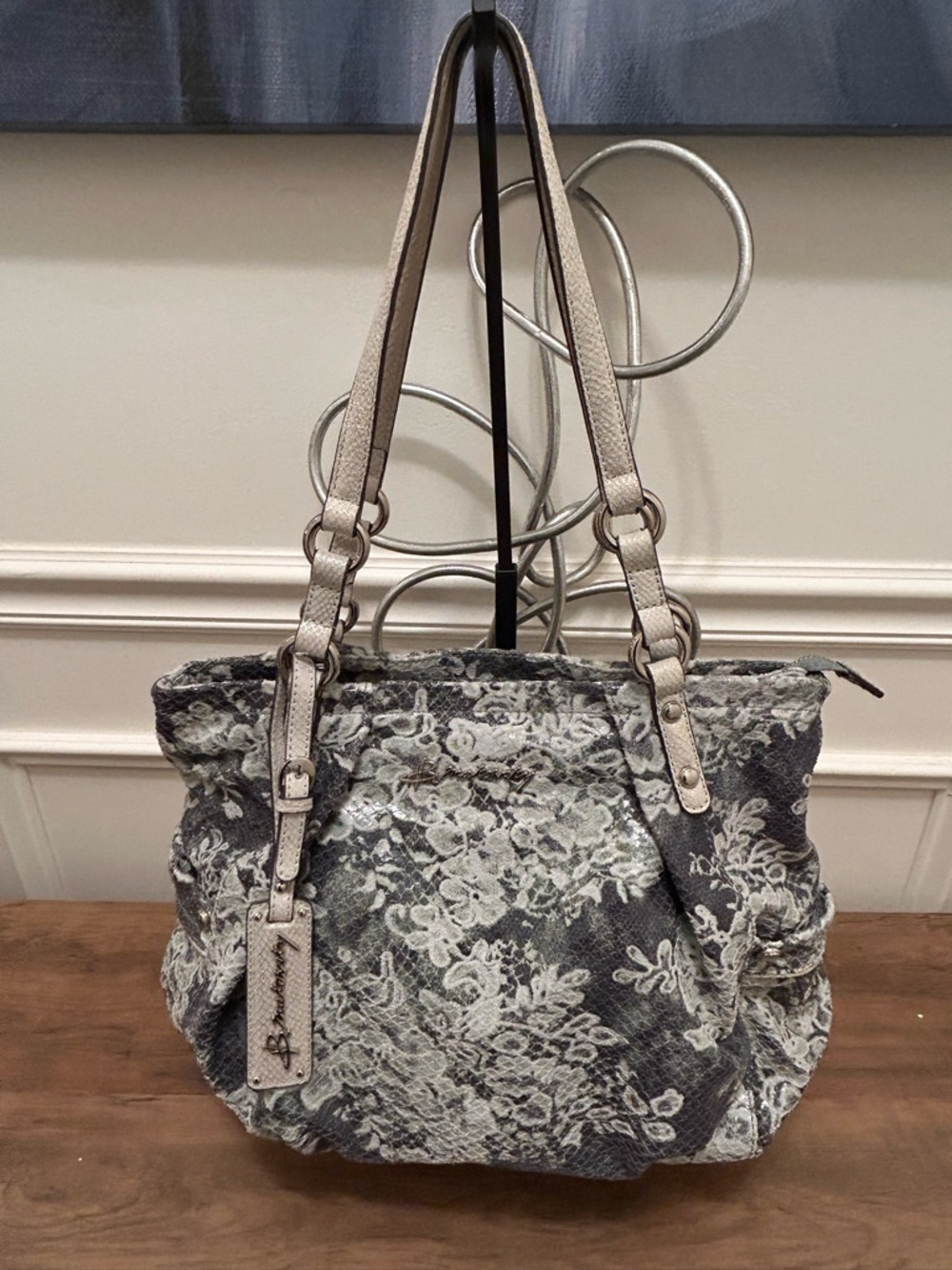 b. makowsky Gray and Cream Floral Lace Shoulder Tote